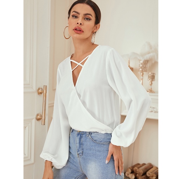 White Surplice Bishop Sleeve V-Neck Blouse - Picture 2 of 6